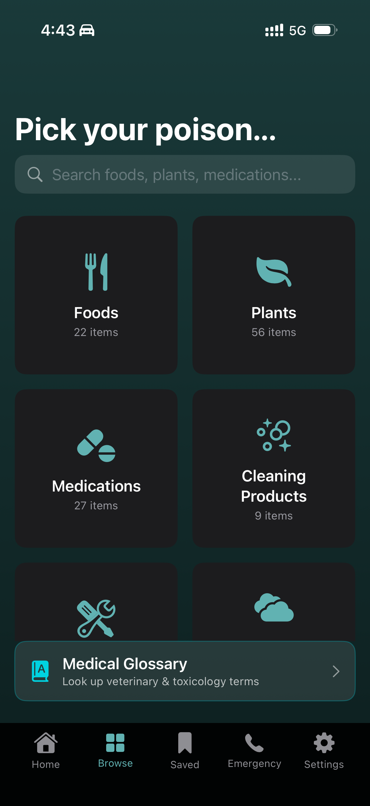 Browse screen showing category grid with Foods, Plants, Medications, and more