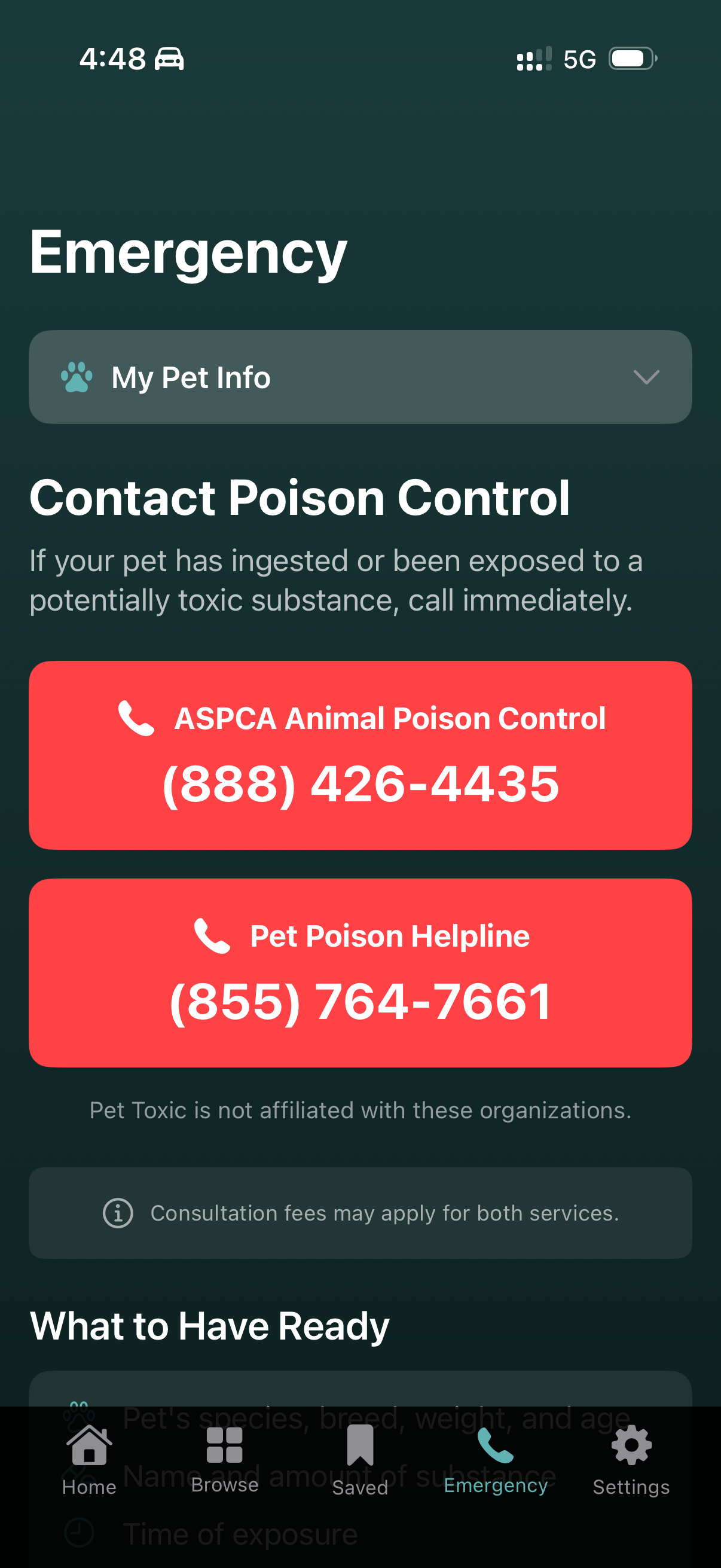 Emergency screen with one-tap access to ASPCA and Pet Poison Helpline