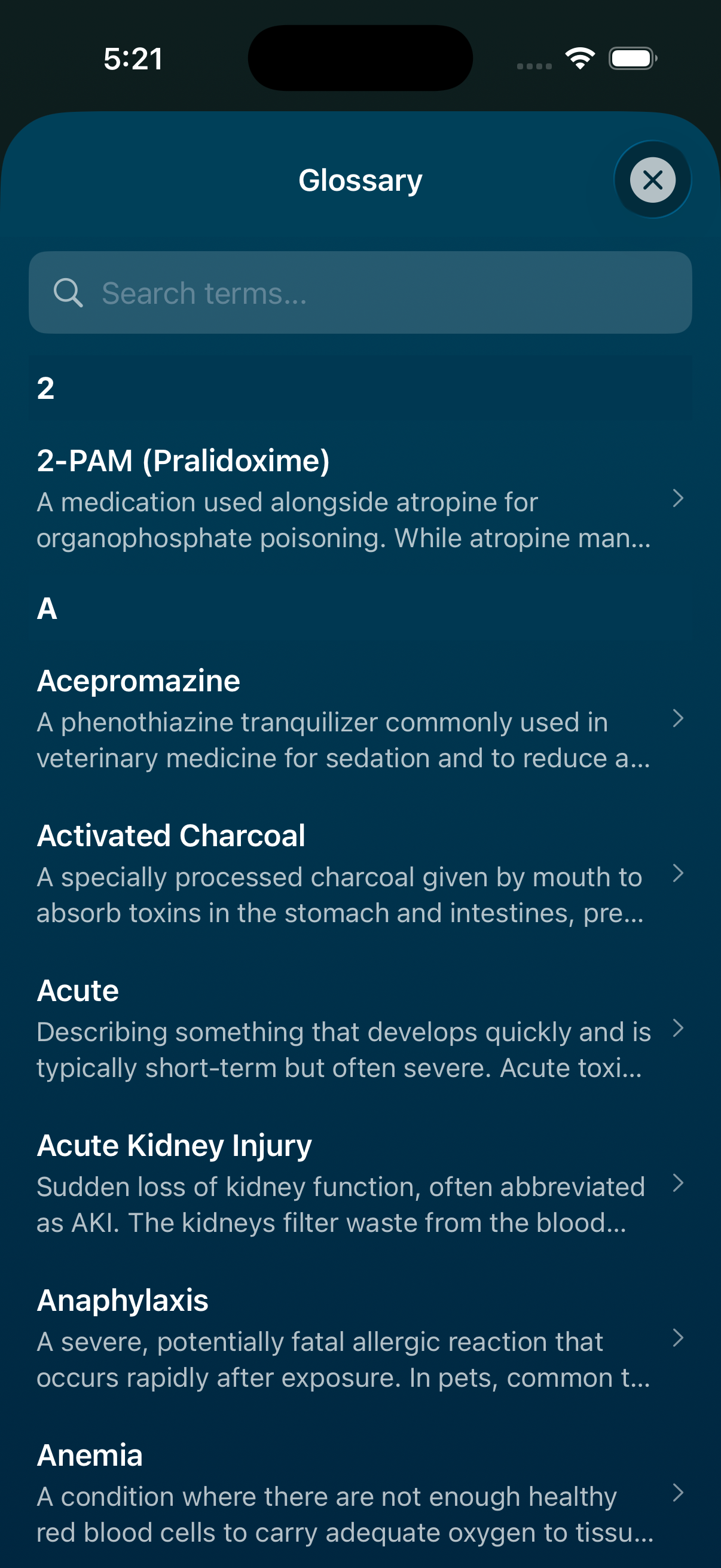 Medical Glossary with searchable veterinary and toxicology terms explained in plain language