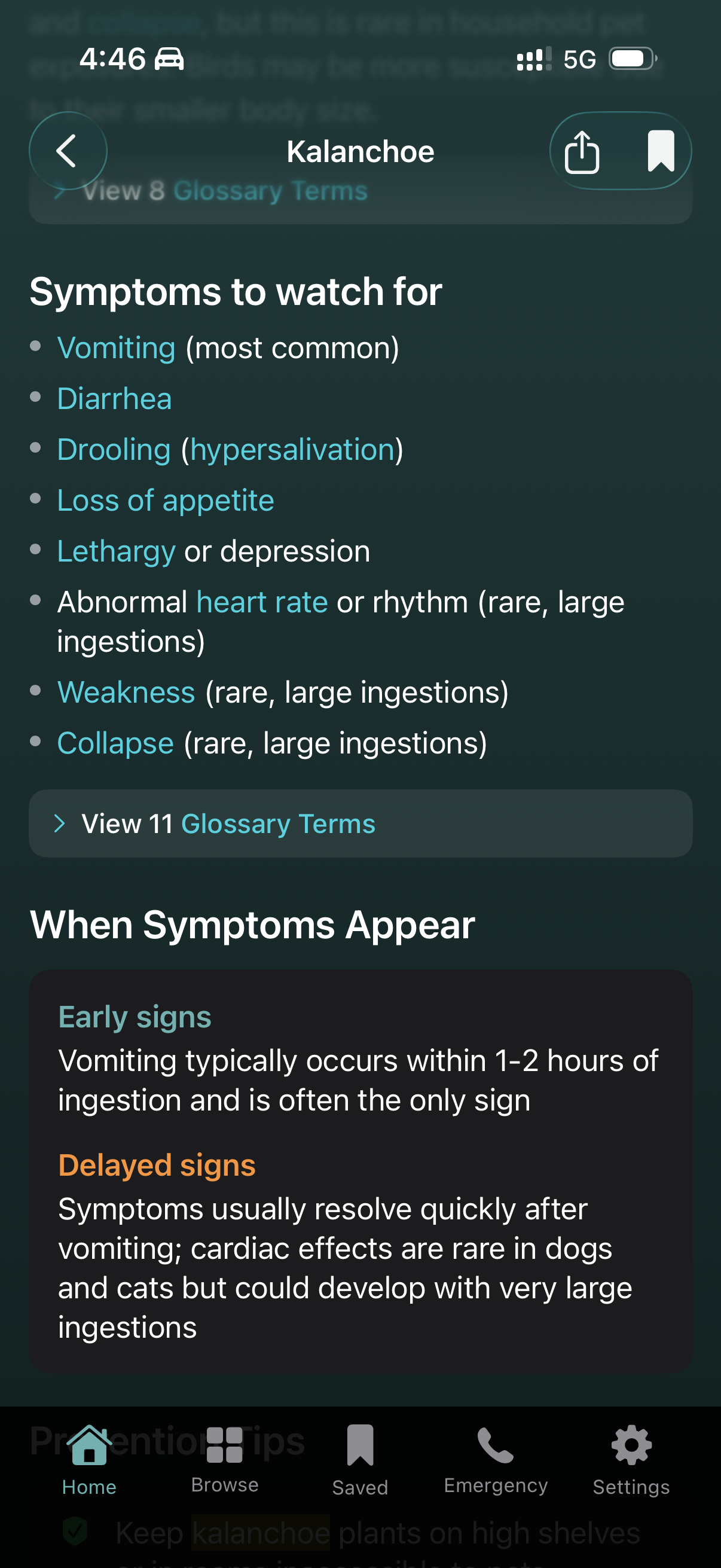 Symptoms section with timeline showing early and delayed signs